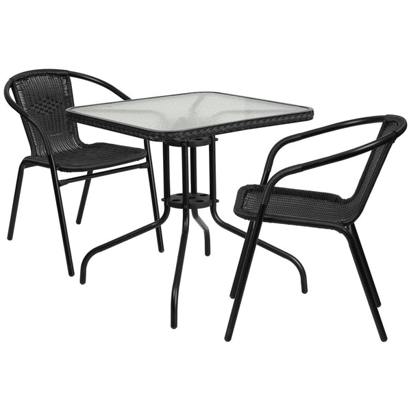 English Elm Lila Stylish Glass Table with All-Weather Rattan Chairs Set for Indoor and Outdoor Dining Spaces Black 28" Square TLH-073SQ-037BK2-GG