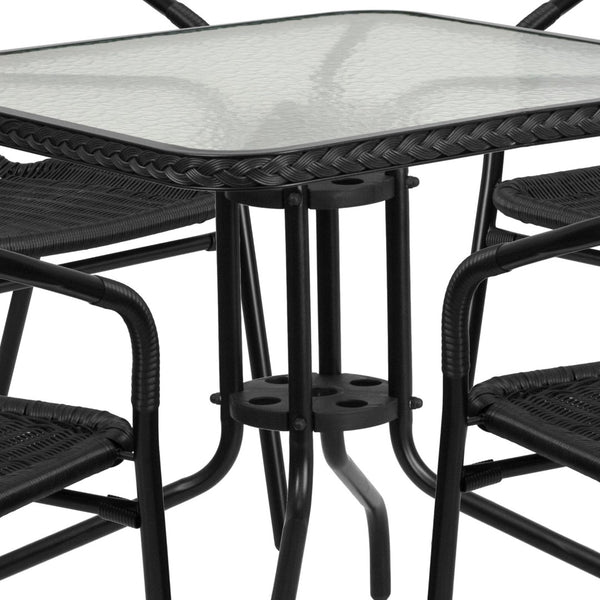 English Elm Lila 5-Piece Glass Metal Dining Set with Rattan Edge and Stackable Chairs for Chic Indoor & Outdoor Use Black 28" Square TLH-073SQ-037BK4-GG