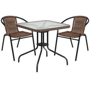 English Elm Lila Stylish Glass Table with All-Weather Rattan Chairs Set for Indoor and Outdoor Dining Spaces Dark Brown 28" Square TLH-073SQ-037BN2-GG