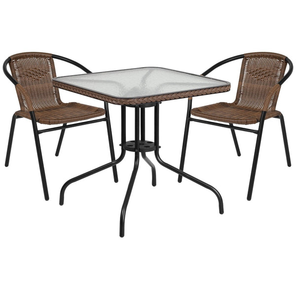 English Elm Lila Stylish Glass Table with All-Weather Rattan Chairs Set for Indoor and Outdoor Dining Spaces Dark Brown 28" Square TLH-073SQ-037BN2-GG