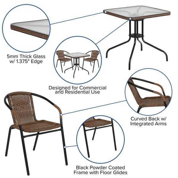 English Elm Lila Stylish Glass Table with All-Weather Rattan Chairs Set for Indoor and Outdoor Dining Spaces Dark Brown 28" Square TLH-073SQ-037BN2-GG