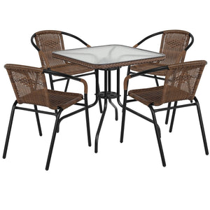 English Elm Lila 5-Piece Glass Metal Dining Set with Rattan Edge and Stackable Chairs for Chic Indoor & Outdoor Use Dark Brown 28" Square TLH-073SQ-037BN4-GG