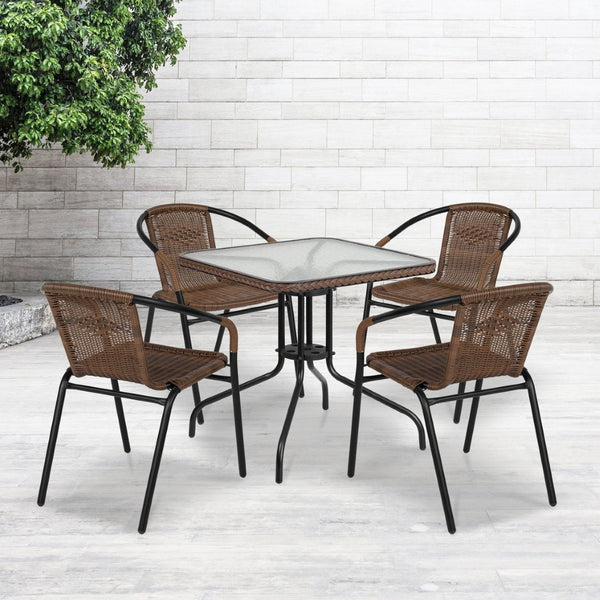 English Elm Lila 5-Piece Glass Metal Dining Set with Rattan Edge and Stackable Chairs for Chic Indoor & Outdoor Use Dark Brown 28" Square TLH-073SQ-037BN4-GG
