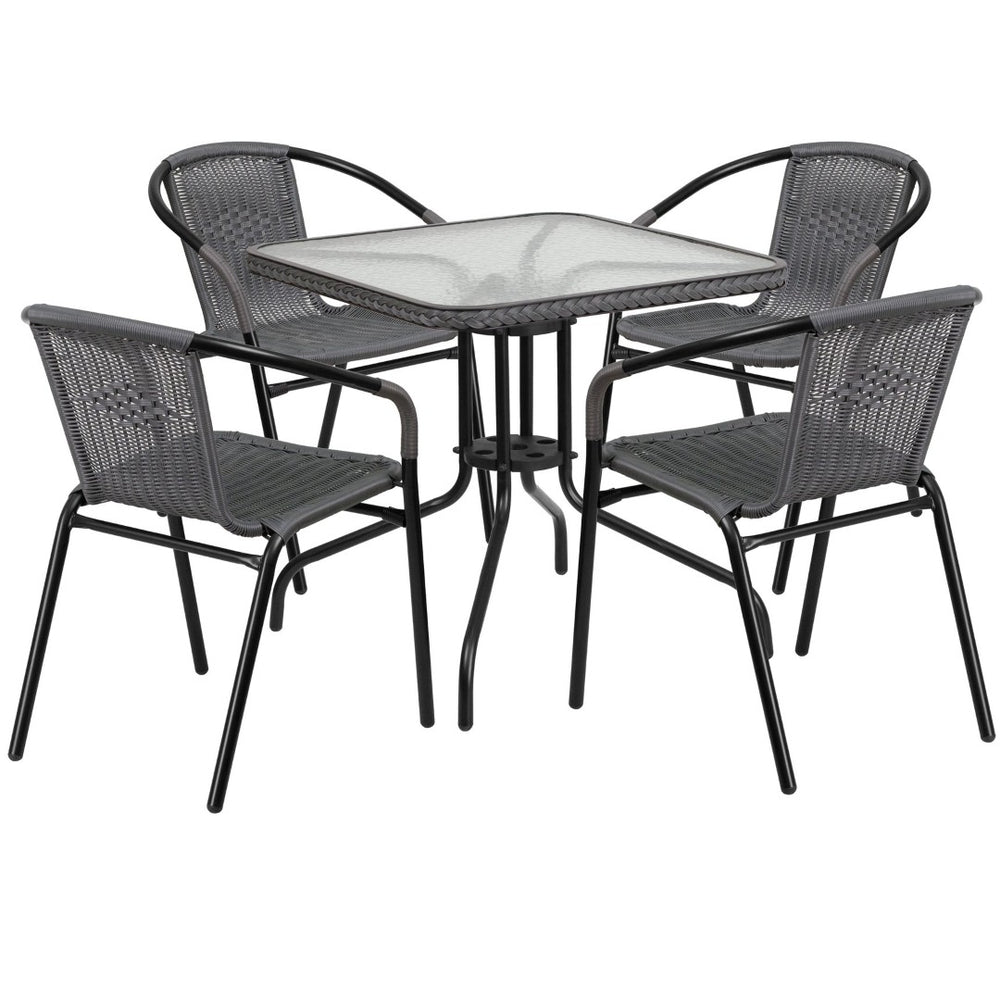 English Elm Lila 5-Piece Glass Metal Dining Set with Rattan Edge and Stackable Chairs for Chic Indoor & Outdoor Use Gray 28" Square TLH-073SQ-037GY4-GG