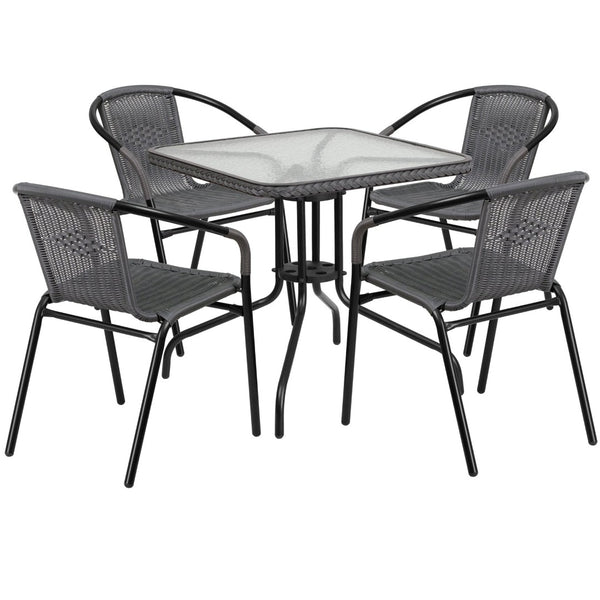 English Elm Lila 5-Piece Glass Metal Dining Set with Rattan Edge and Stackable Chairs for Chic Indoor & Outdoor Use Gray 28" Square TLH-073SQ-037GY4-GG