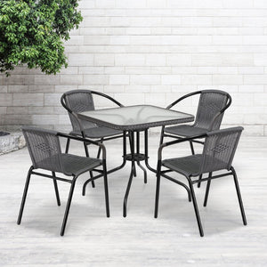 English Elm Lila 5-Piece Glass Metal Dining Set with Rattan Edge and Stackable Chairs for Chic Indoor & Outdoor Use Gray 28" Square TLH-073SQ-037GY4-GG