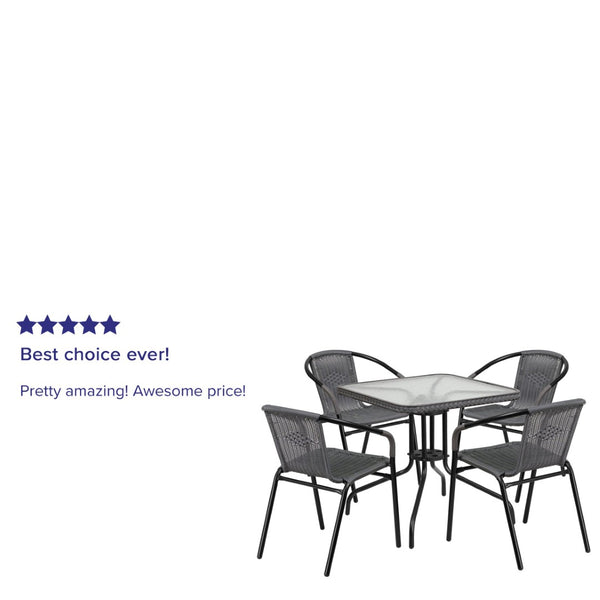 English Elm Lila 5-Piece Glass Metal Dining Set with Rattan Edge and Stackable Chairs for Chic Indoor & Outdoor Use Gray 28" Square TLH-073SQ-037GY4-GG