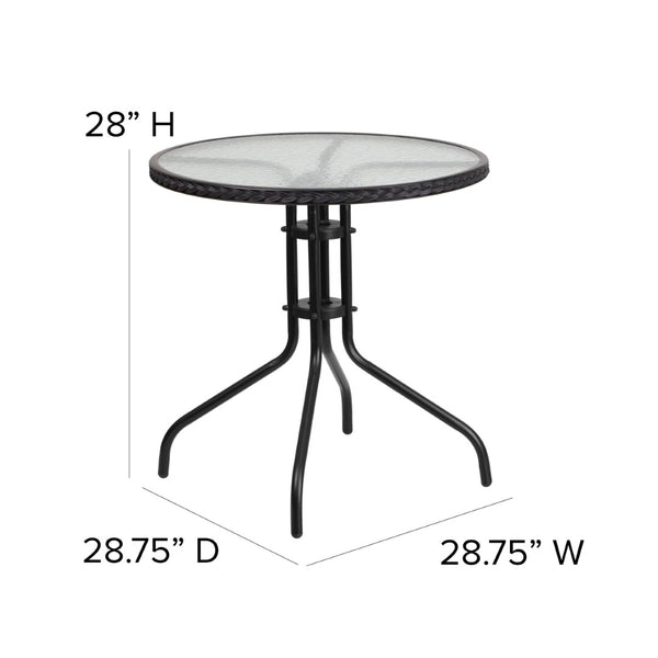 English Elm Barker Modern Bistro-Style Tempered Glass Table with Rattan Edging for Indoor and Outdoor Use Clear Top/Black Frame 28" Round TLH-087-BK-GG