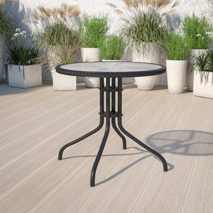 English Elm Barker Modern Bistro-Style Tempered Glass Table with Rattan Edging for Indoor and Outdoor Use Clear Top/Black Frame 28" Round TLH-087-BK-GG