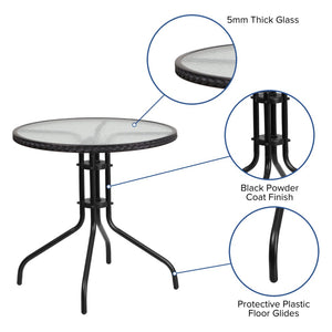 English Elm Barker Modern Bistro-Style Tempered Glass Table with Rattan Edging for Indoor and Outdoor Use Clear Top/Black Frame 28" Round TLH-087-BK-GG
