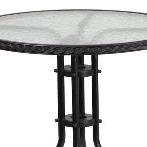 English Elm Barker Modern Bistro-Style Tempered Glass Table with Rattan Edging for Indoor and Outdoor Use Clear Top/Black Frame 28" Round TLH-087-BK-GG