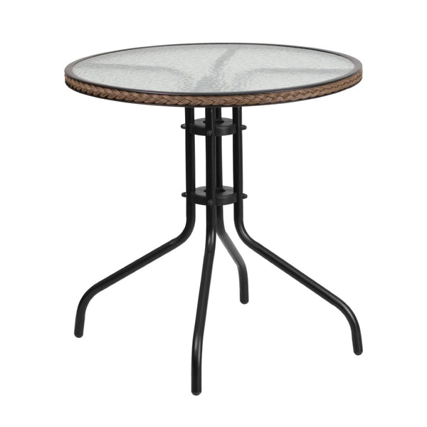 English Elm Barker Modern Bistro-Style Tempered Glass Table with Rattan Edging for Indoor and Outdoor Use Clear Top/Dark Brown Frame 28" Round TLH-087-DK-BN-GG
