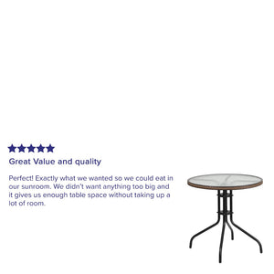 English Elm Barker Modern Bistro-Style Tempered Glass Table with Rattan Edging for Indoor and Outdoor Use Clear Top/Dark Brown Frame 28" Round TLH-087-DK-BN-GG