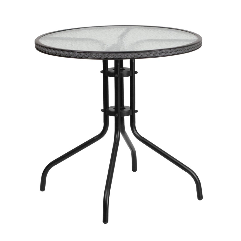 English Elm Barker Modern Bistro-Style Tempered Glass Table with Rattan Edging for Indoor and Outdoor Use Clear Top/Gray Frame 28" Round TLH-087-GY-GG