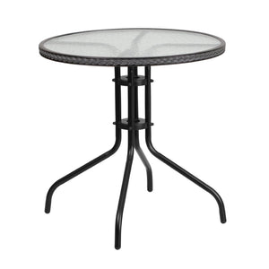 English Elm Barker Modern Bistro-Style Tempered Glass Table with Rattan Edging for Indoor and Outdoor Use Clear Top/Gray Frame 28" Round TLH-087-GY-GG