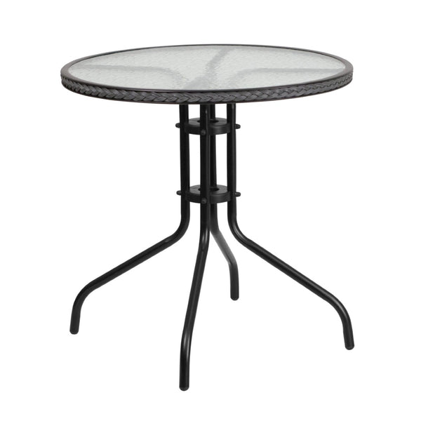 English Elm Barker Modern Bistro-Style Tempered Glass Table with Rattan Edging for Indoor and Outdoor Use Clear Top/Gray Frame 28" Round TLH-087-GY-GG