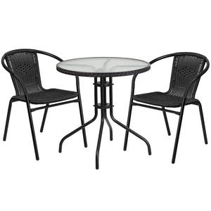 English Elm Lila Sleek Glass Table with Rattan Edging & 2 Stackable Chairs for Stylish Indoor/Outdoor Spaces Black 28" Round TLH-087RD-037BK2-GG
