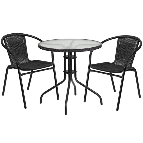 English Elm Lila Sleek Glass Table with Rattan Edging & 2 Stackable Chairs for Stylish Indoor/Outdoor Spaces Black 28" Round TLH-087RD-037BK2-GG