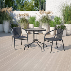 English Elm Lila Sleek Glass Table with Rattan Edging & 2 Stackable Chairs for Stylish Indoor/Outdoor Spaces Black 28" Round TLH-087RD-037BK2-GG