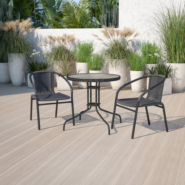 English Elm Lila Sleek Glass Table with Rattan Edging & 2 Stackable Chairs for Stylish Indoor/Outdoor Spaces Black 28" Round TLH-087RD-037BK2-GG