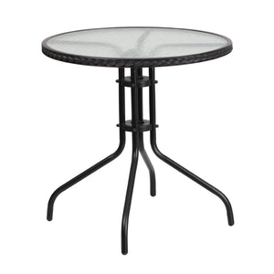 English Elm Lila Sleek Glass Table with Rattan Edging & 2 Stackable Chairs for Stylish Indoor/Outdoor Spaces Black 28" Round TLH-087RD-037BK2-GG