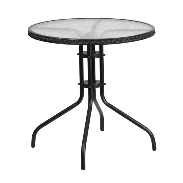 English Elm Lila Sleek Glass Table with Rattan Edging & 2 Stackable Chairs for Stylish Indoor/Outdoor Spaces Black 28" Round TLH-087RD-037BK2-GG