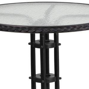 English Elm Lila Sleek Glass Table with Rattan Edging & 2 Stackable Chairs for Stylish Indoor/Outdoor Spaces Black 28" Round TLH-087RD-037BK2-GG