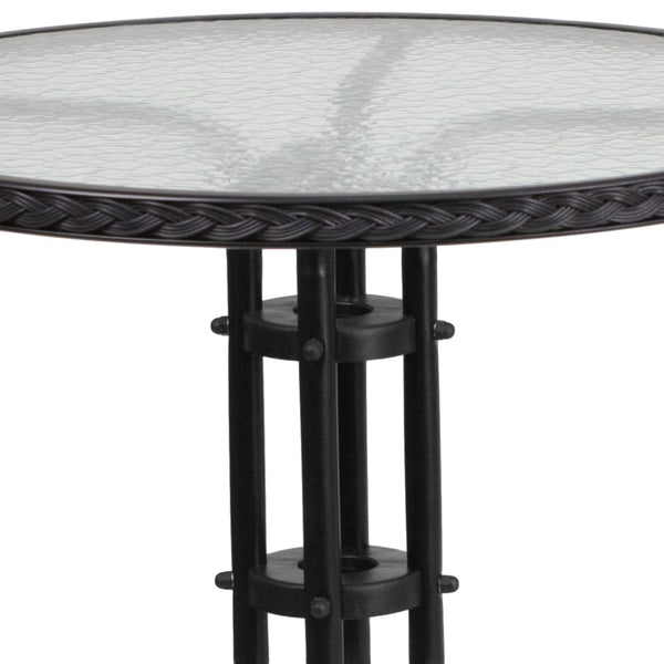 English Elm Lila Sleek Glass Table with Rattan Edging & 2 Stackable Chairs for Stylish Indoor/Outdoor Spaces Black 28" Round TLH-087RD-037BK2-GG