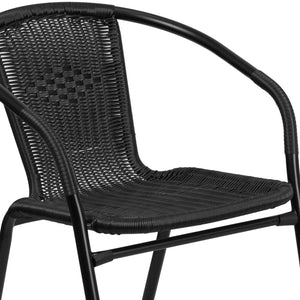 English Elm Lila Sleek Glass Table with Rattan Edging & 2 Stackable Chairs for Stylish Indoor/Outdoor Spaces Black 28" Round TLH-087RD-037BK2-GG