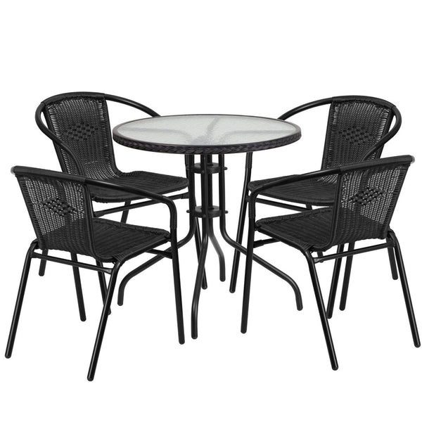 English Elm Lila Elegant Glass Table with Stylish Rattan Edging and 4 Stackable Chairs for Dining Spaces Black 28" Round TLH-087RD-037BK4-GG