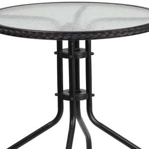 English Elm Lila Elegant Glass Table with Stylish Rattan Edging and 4 Stackable Chairs for Dining Spaces Black 28" Round TLH-087RD-037BK4-GG