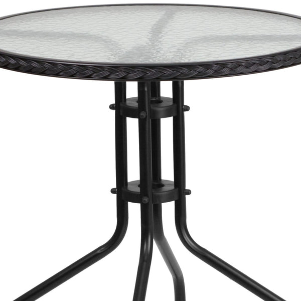English Elm Lila Elegant Glass Table with Stylish Rattan Edging and 4 Stackable Chairs for Dining Spaces Black 28" Round TLH-087RD-037BK4-GG