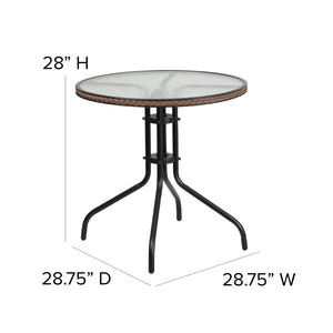 English Elm Lila Sleek Glass Table with Rattan Edging & 2 Stackable Chairs for Stylish Indoor/Outdoor Spaces Dark Brown 28" Round TLH-087RD-037BN2-GG