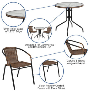 English Elm Lila Sleek Glass Table with Rattan Edging & 2 Stackable Chairs for Stylish Indoor/Outdoor Spaces Dark Brown 28" Round TLH-087RD-037BN2-GG