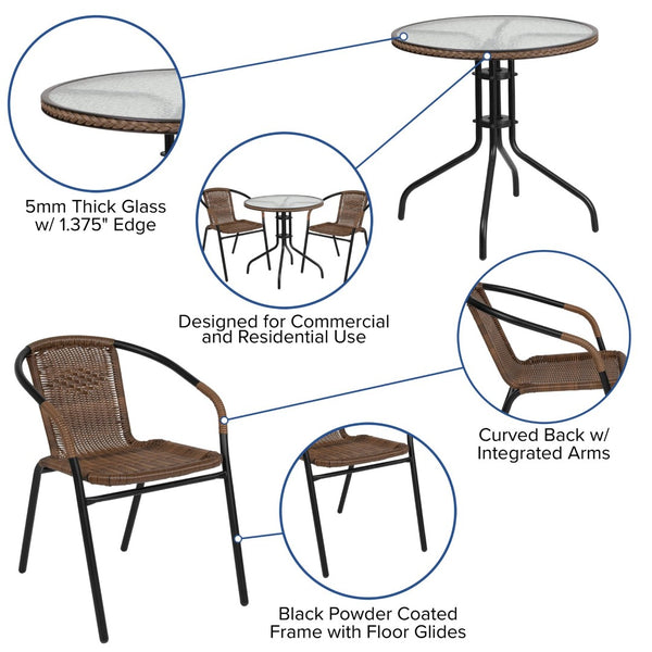 English Elm Lila Sleek Glass Table with Rattan Edging & 2 Stackable Chairs for Stylish Indoor/Outdoor Spaces Dark Brown 28" Round TLH-087RD-037BN2-GG