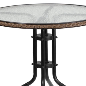 English Elm Lila Sleek Glass Table with Rattan Edging & 2 Stackable Chairs for Stylish Indoor/Outdoor Spaces Dark Brown 28" Round TLH-087RD-037BN2-GG
