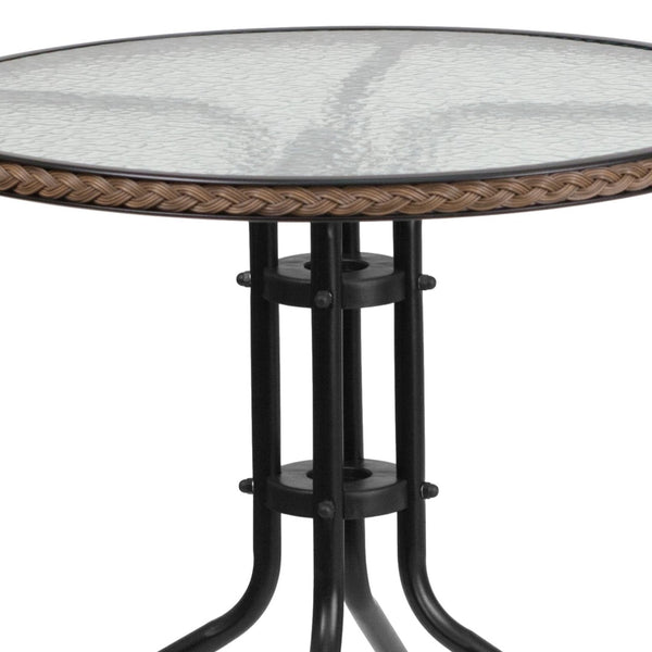 English Elm Lila Sleek Glass Table with Rattan Edging & 2 Stackable Chairs for Stylish Indoor/Outdoor Spaces Dark Brown 28" Round TLH-087RD-037BN2-GG