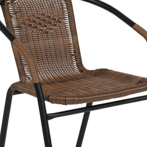 English Elm Lila Sleek Glass Table with Rattan Edging & 2 Stackable Chairs for Stylish Indoor/Outdoor Spaces Dark Brown 28" Round TLH-087RD-037BN2-GG