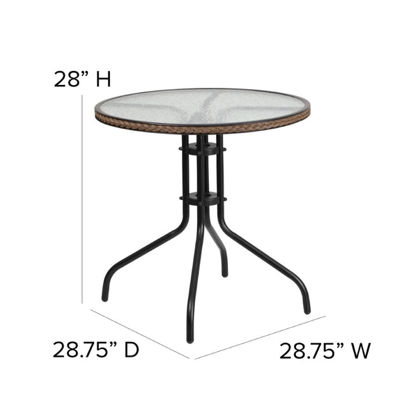 English Elm Lila Elegant Glass Table with Stylish Rattan Edging and 4 Stackable Chairs for Dining Spaces Dark Brown 28" Round TLH-087RD-037BN4-GG
