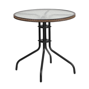 English Elm Lila Elegant Glass Table with Stylish Rattan Edging and 4 Stackable Chairs for Dining Spaces Dark Brown 28" Round TLH-087RD-037BN4-GG