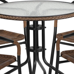 English Elm Lila Elegant Glass Table with Stylish Rattan Edging and 4 Stackable Chairs for Dining Spaces Dark Brown 28" Round TLH-087RD-037BN4-GG