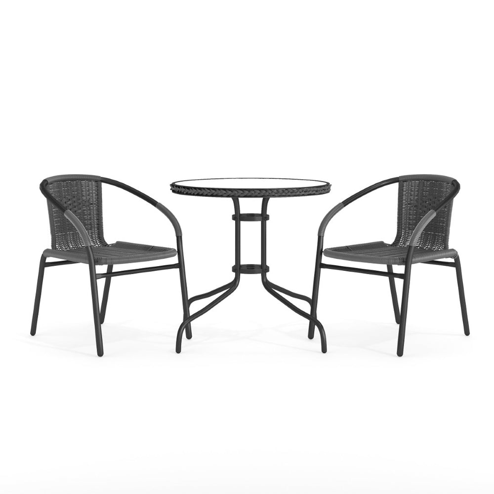 English Elm Lila Sleek Glass Table with Rattan Edging & 2 Stackable Chairs for Stylish Indoor/Outdoor Spaces Gray 28" Round TLH-087RD-037GY2-GG