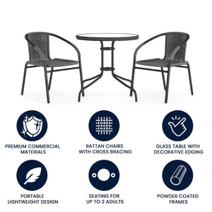 English Elm Lila Sleek Glass Table with Rattan Edging & 2 Stackable Chairs for Stylish Indoor/Outdoor Spaces Gray 28" Round TLH-087RD-037GY2-GG