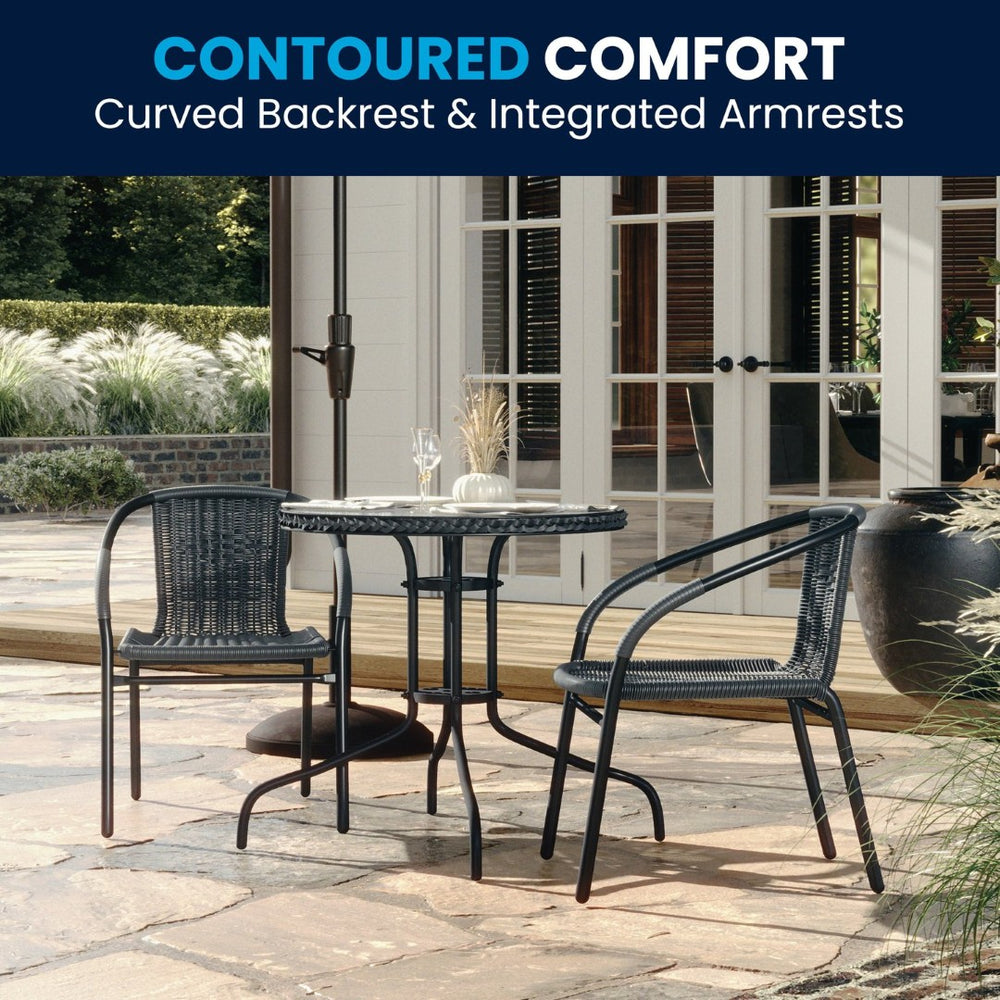 English Elm Lila Sleek Glass Table with Rattan Edging & 2 Stackable Chairs for Stylish Indoor/Outdoor Spaces Gray 28" Round TLH-087RD-037GY2-GG