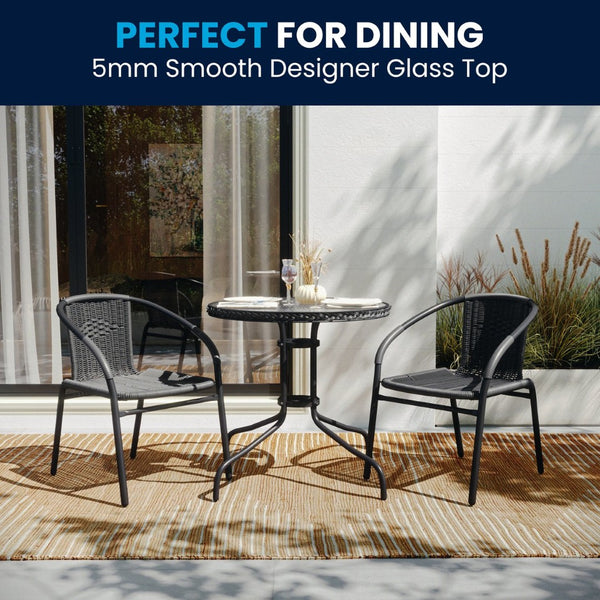 English Elm Lila Sleek Glass Table with Rattan Edging & 2 Stackable Chairs for Stylish Indoor/Outdoor Spaces Gray 28" Round TLH-087RD-037GY2-GG