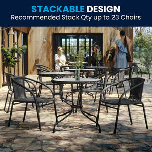 English Elm Lila Sleek Glass Table with Rattan Edging & 2 Stackable Chairs for Stylish Indoor/Outdoor Spaces Gray 28" Round TLH-087RD-037GY2-GG