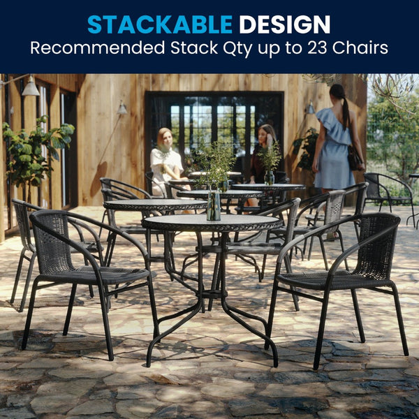 English Elm Lila Sleek Glass Table with Rattan Edging & 2 Stackable Chairs for Stylish Indoor/Outdoor Spaces Gray 28" Round TLH-087RD-037GY2-GG