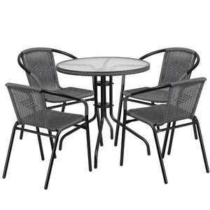 English Elm Lila Elegant Glass Table with Stylish Rattan Edging and 4 Stackable Chairs for Dining Spaces Gray 28" Round TLH-087RD-037GY4-GG