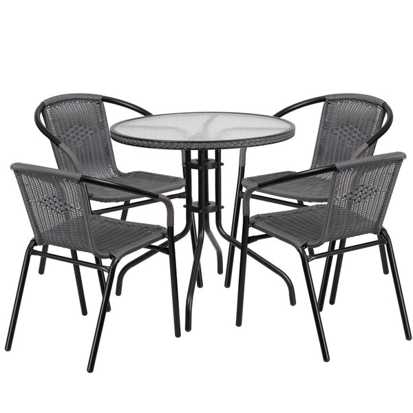 English Elm Lila Elegant Glass Table with Stylish Rattan Edging and 4 Stackable Chairs for Dining Spaces Gray 28" Round TLH-087RD-037GY4-GG