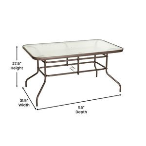 English Elm Tory Elegant Bronze Metal Patio Table with Tempered Glass Top and Umbrella Hole for Outdoor Dining Clear Top/Bronze Frame 31.5"W x 55"L TLH-089-BZ-GG
